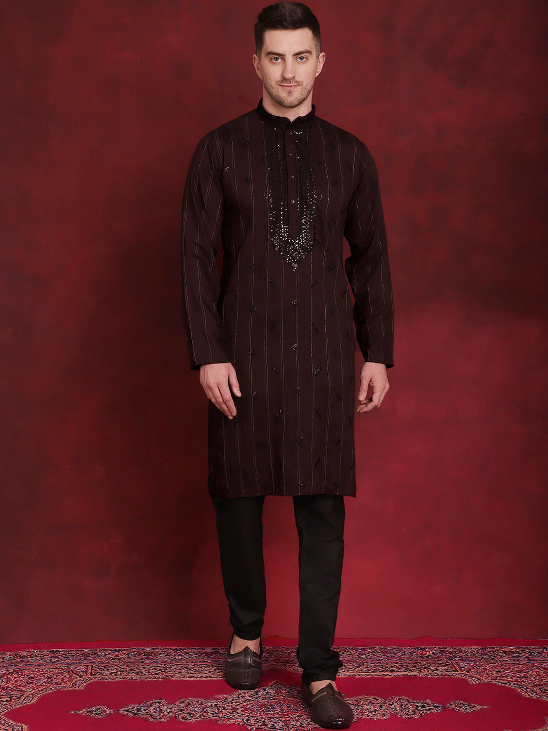 Jompers Men's Sequins Embroidered Kurta Pyjama Set - B-Maroon