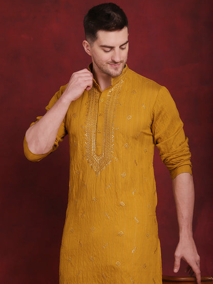 Jompers Men's Sequins Embroidered Kurta Pyjama Set - Mustard
