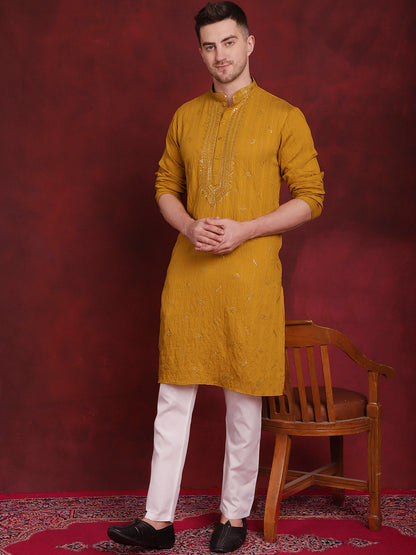 Jompers Men's Sequins Embroidered Kurta Pyjama Set - Mustard