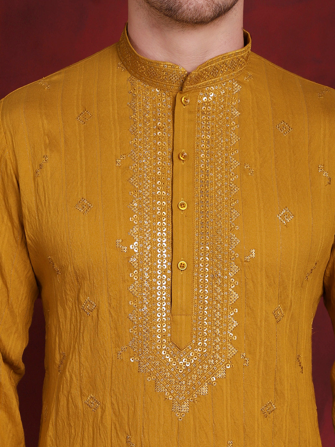 Jompers Men's Sequins Embroidered Kurta Pyjama Set - Mustard