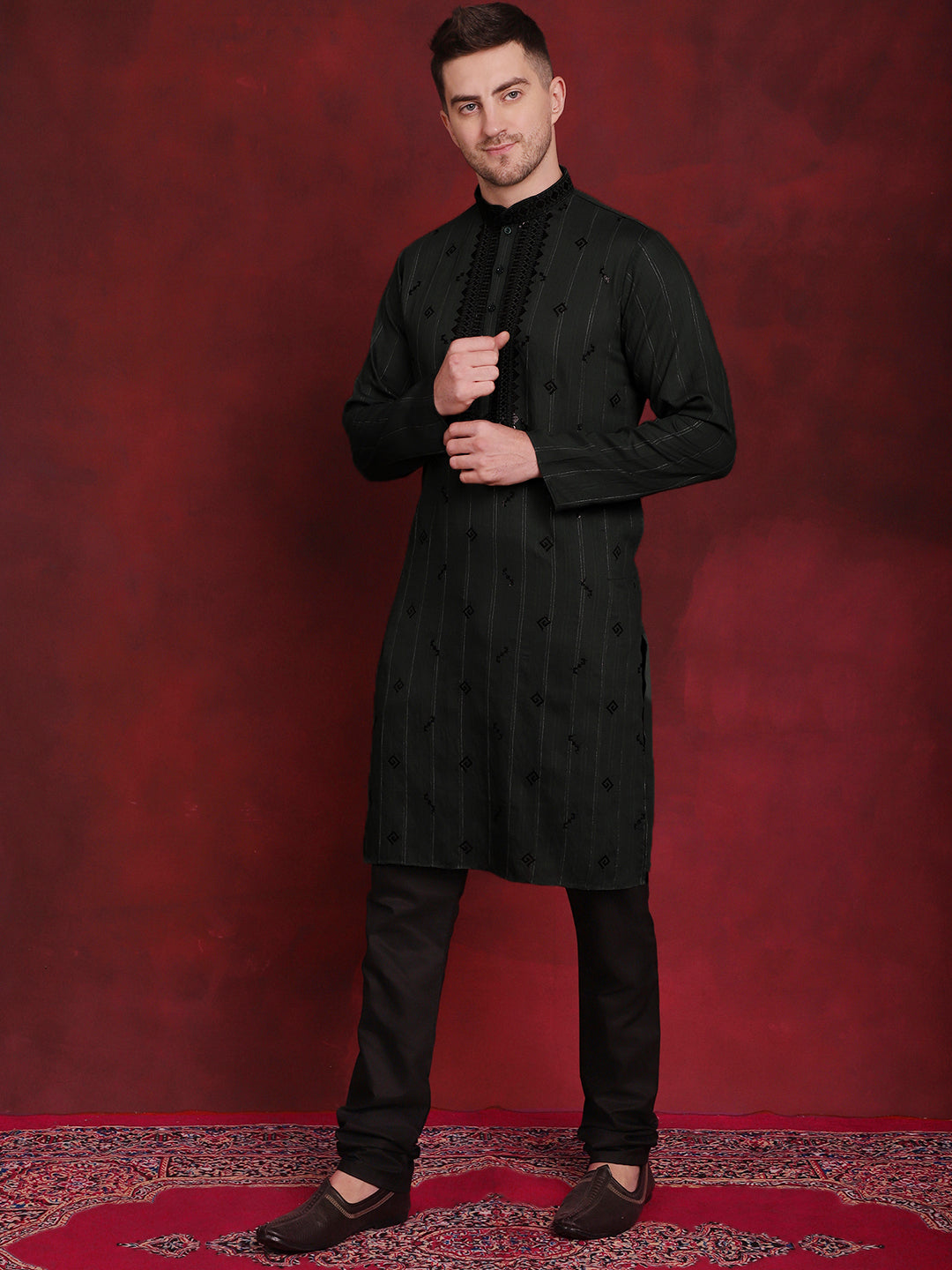Jompers Men's Sequins Embroidered Kurta Pyjama Set - B-Olive
