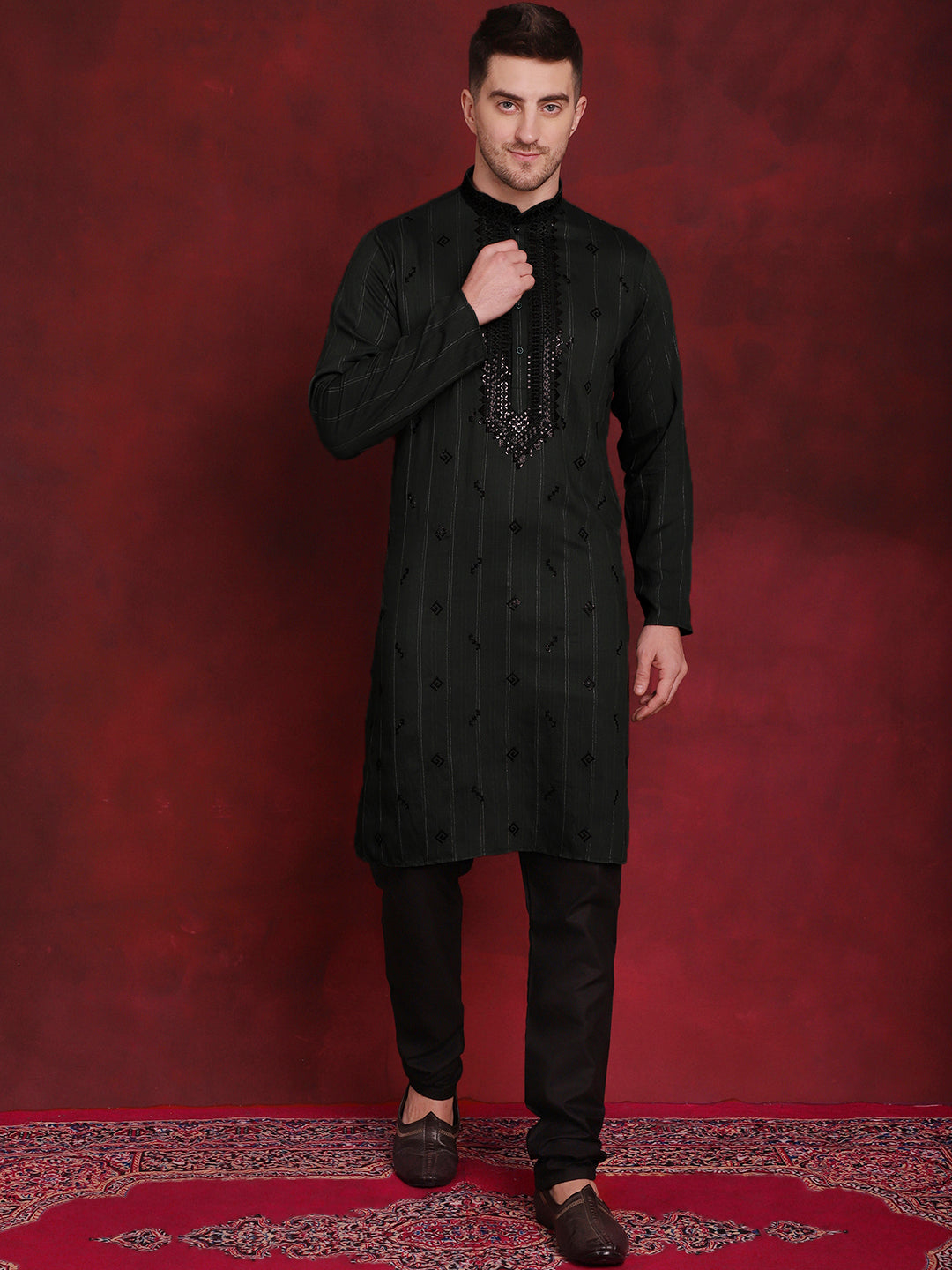 Jompers Men's Sequins Embroidered Kurta Pyjama Set - B-Olive