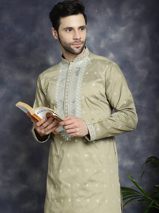 Jompers Men's Sequins Embroidered Kurta Pyjama Set - Beige
