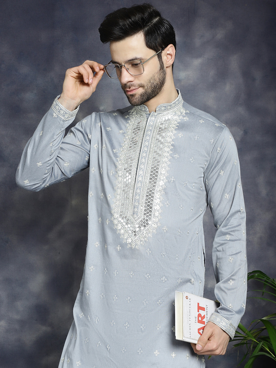 Jompers Men's Sequins Embroidered Kurta Pyjama Set - Grey