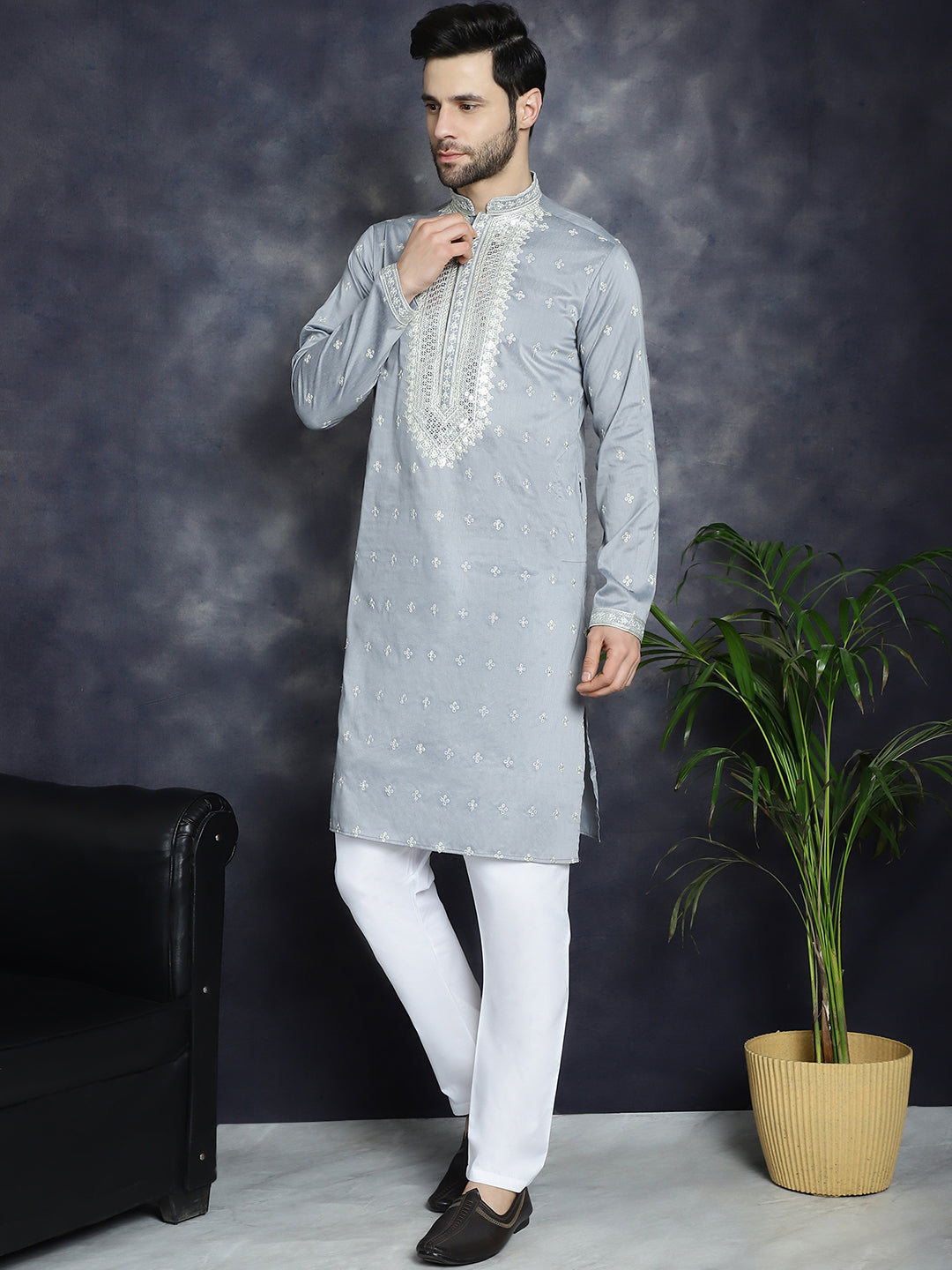 Jompers Men's Sequins Embroidered Kurta Pyjama Set - Grey