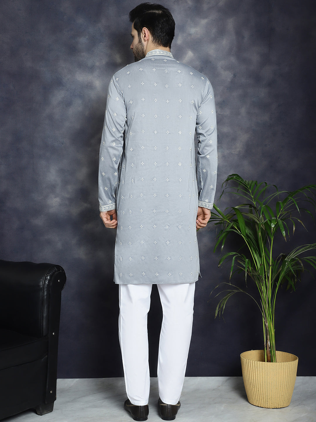 Jompers Men's Sequins Embroidered Kurta Pyjama Set - Grey