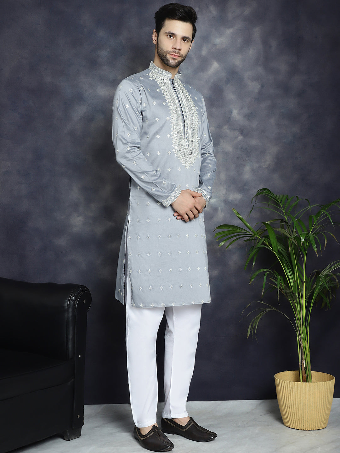 Jompers Men's Sequins Embroidered Kurta Pyjama Set - Grey