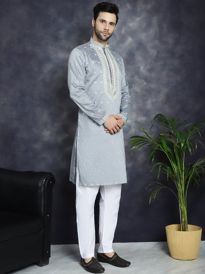 Jompers Men's Sequins Embroidered Kurta Pyjama Set - Grey