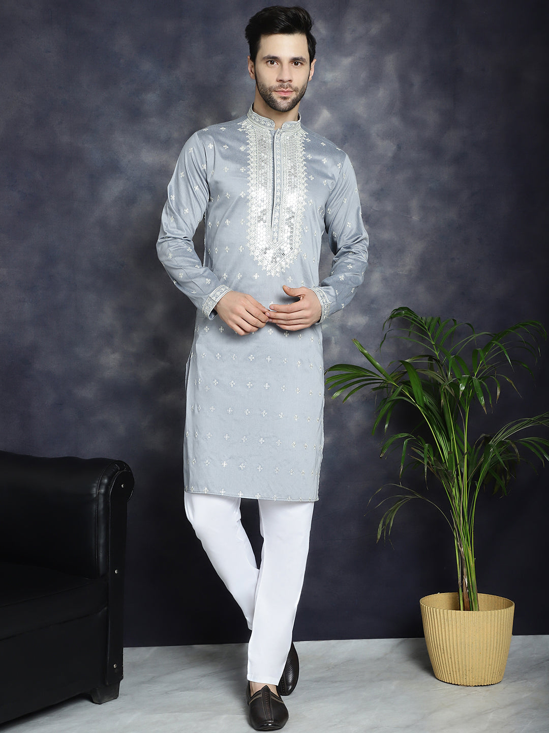 Jompers Men's Sequins Embroidered Kurta Pyjama Set - Grey