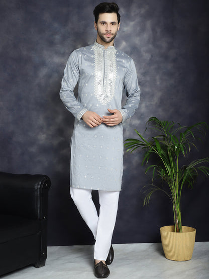 Jompers Men's Sequins Embroidered Kurta Pyjama Set - Grey