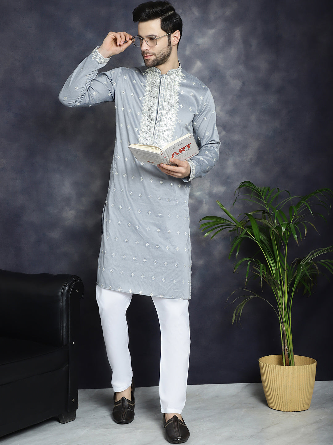 Jompers Men's Sequins Embroidered Kurta Pyjama Set - Grey