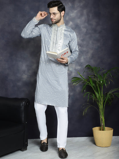Jompers Men's Sequins Embroidered Kurta Pyjama Set - Grey