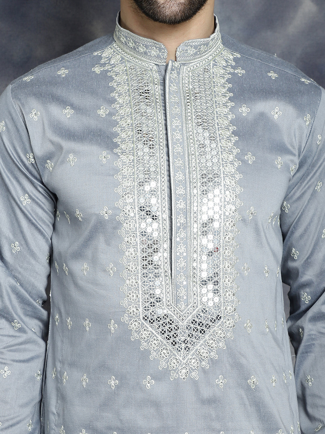 Jompers Men's Sequins Embroidered Kurta Pyjama Set - Grey