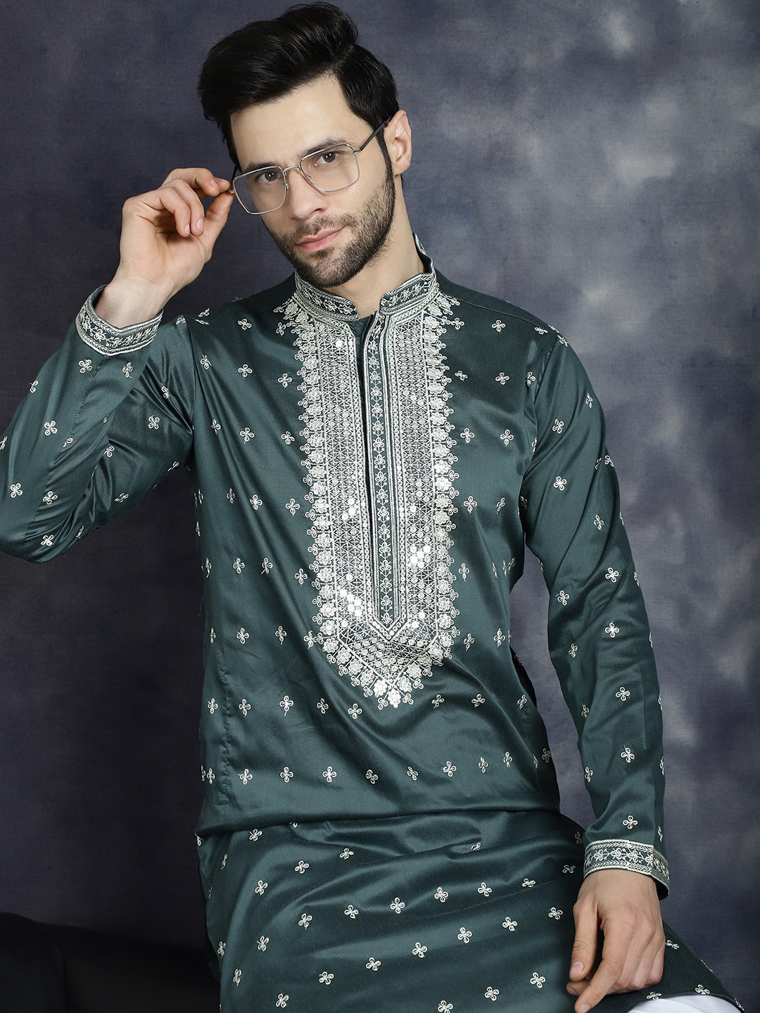 Jompers Men's Sequins Embroidered Kurta Pyjama Set - Olive