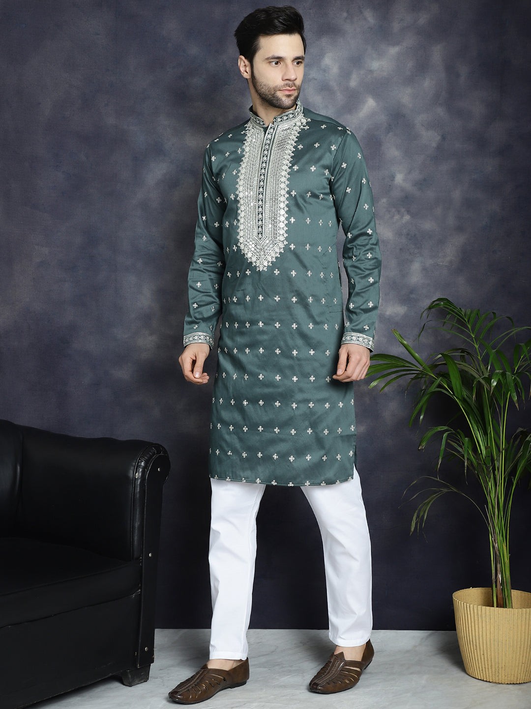 Jompers Men's Sequins Embroidered Kurta Pyjama Set - Olive