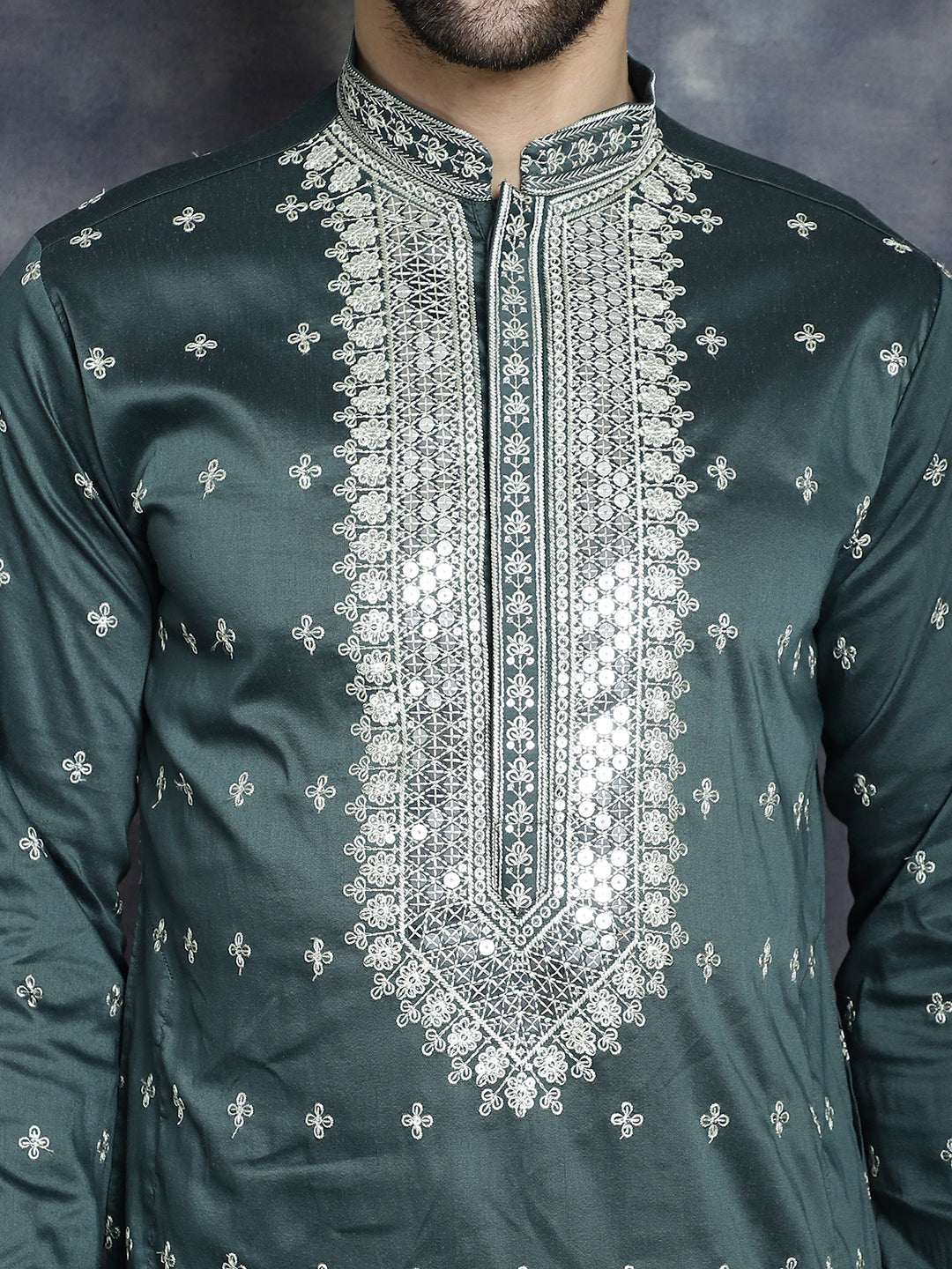 Jompers Men's Sequins Embroidered Kurta Pyjama Set - Olive