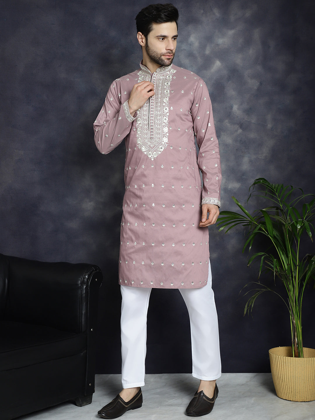 Jompers Men's Chikankari Embroidered Kurta Pyjama Set - Magenta