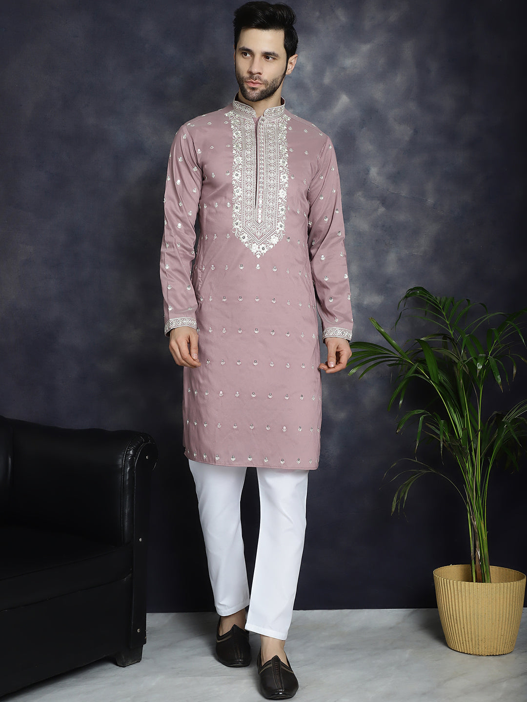 Jompers Men's Chikankari Embroidered Kurta Pyjama Set - Magenta
