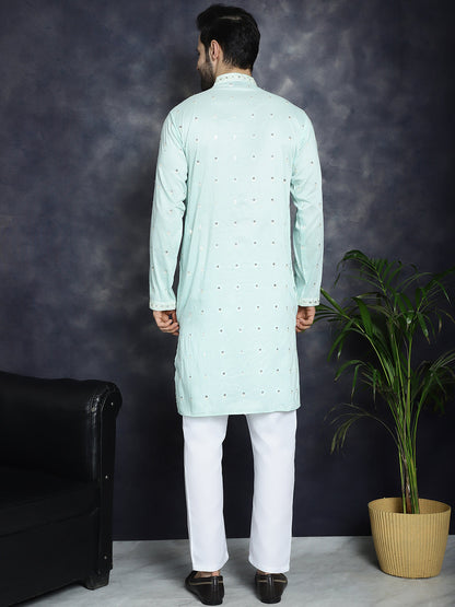 Jompers Men's Chikankari Embroidered Kurta Pyjama Set - Sky Blue