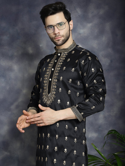 Jompers Men's Black Chikankari Embroidered Kurta With Pyjama