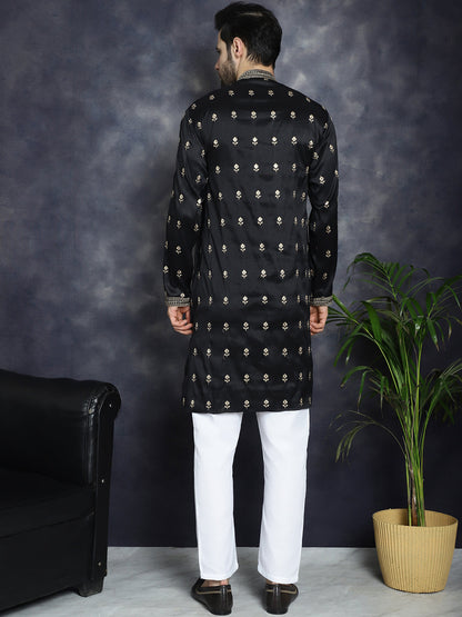 Jompers Men's Black Chikankari Embroidered Kurta With Pyjama