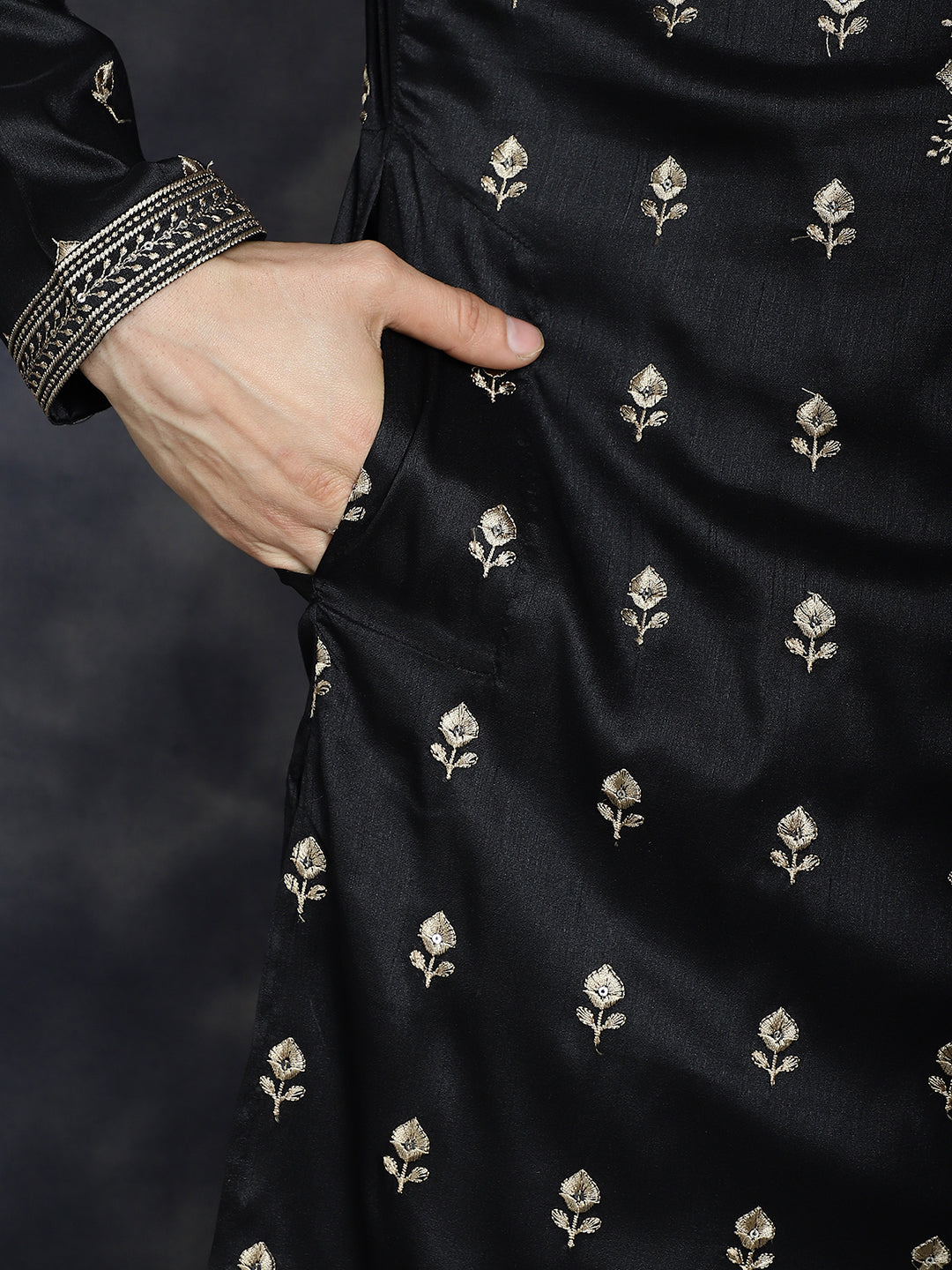 Jompers Men's Black Chikankari Embroidered Kurta With Pyjama