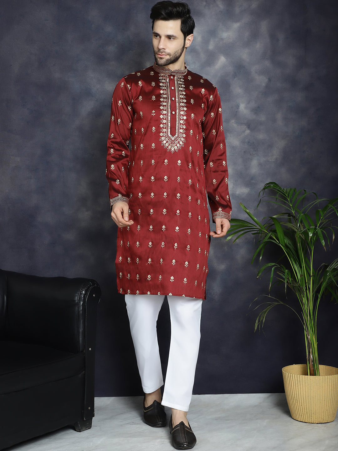 Jompers Men's Maroon Chikankari Embroidered Kurta With Pyjama