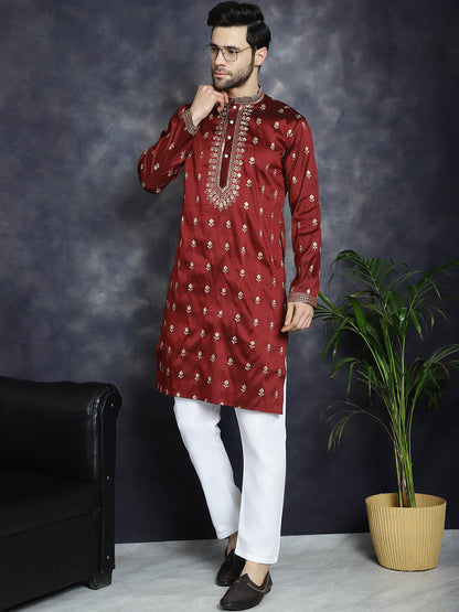 Jompers Men's Maroon Chikankari Embroidered Kurta With Pyjama