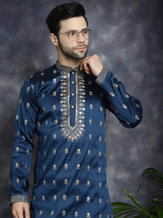 Jompers Men's Navy Blue Chikankari Embroidered Kurta With Pyjama
