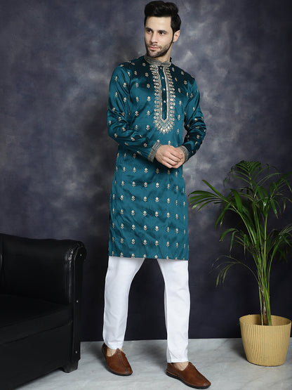 Jompers Men's Peacock Blue Chikankari Embroidered Kurta With Pyjama
