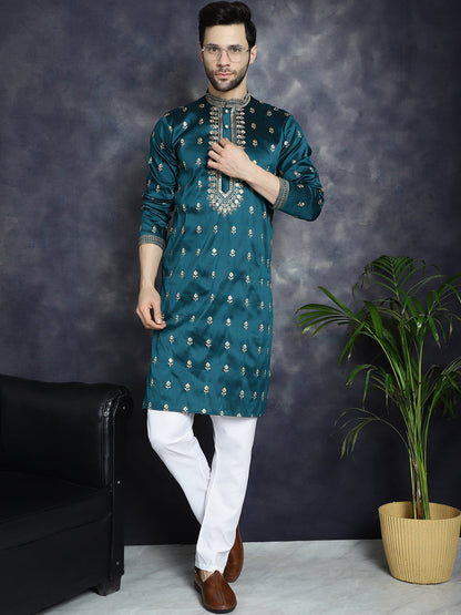 Jompers Men's Peacock Blue Chikankari Embroidered Kurta With Pyjama