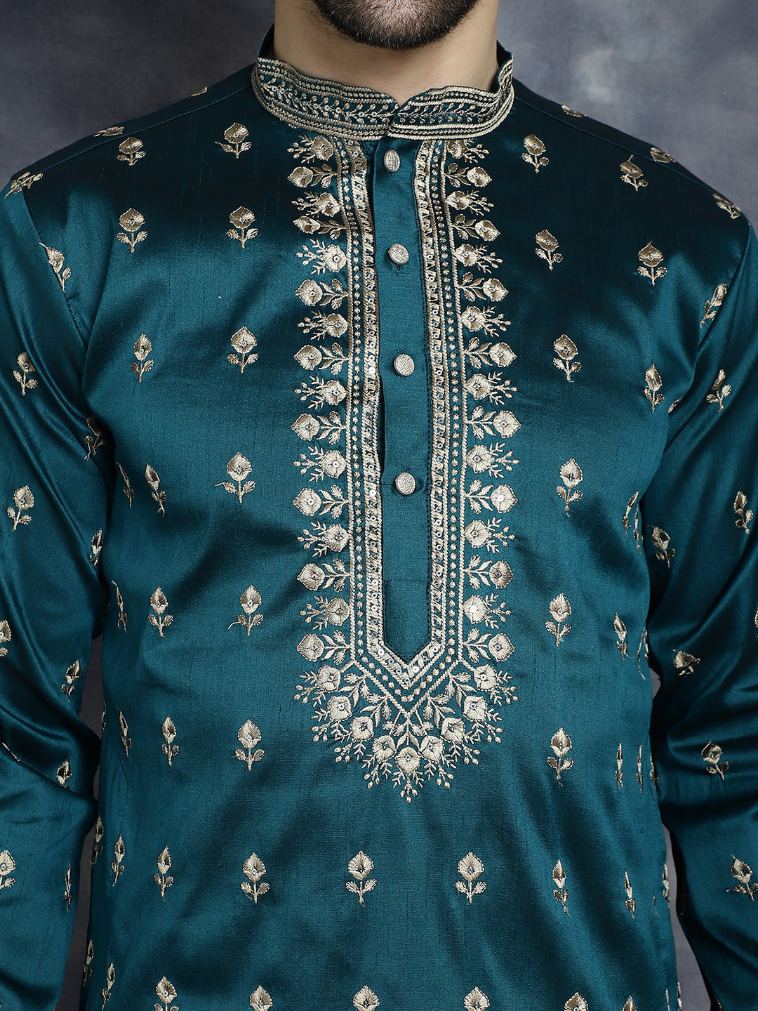 Jompers Men's Peacock Blue Chikankari Embroidered Kurta With Pyjama