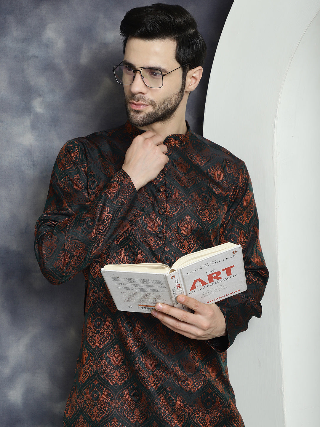 Jompers Men's Bronze Silk Blend Straight Kurta Pyjama Set
