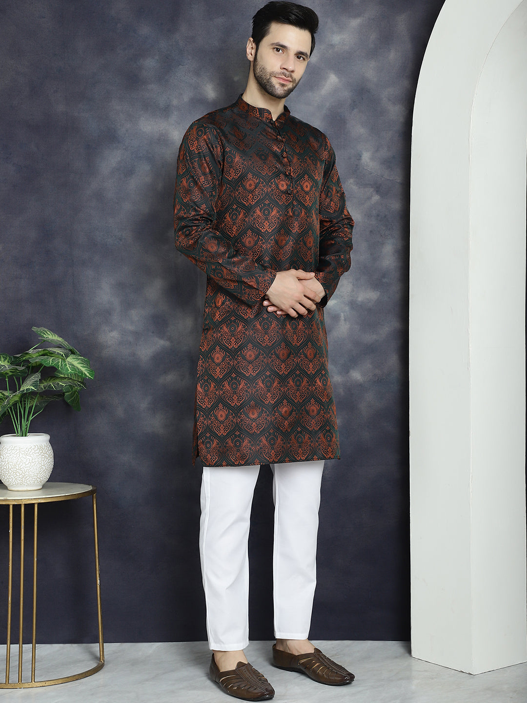 Jompers Men's Bronze Silk Blend Straight Kurta Pyjama Set