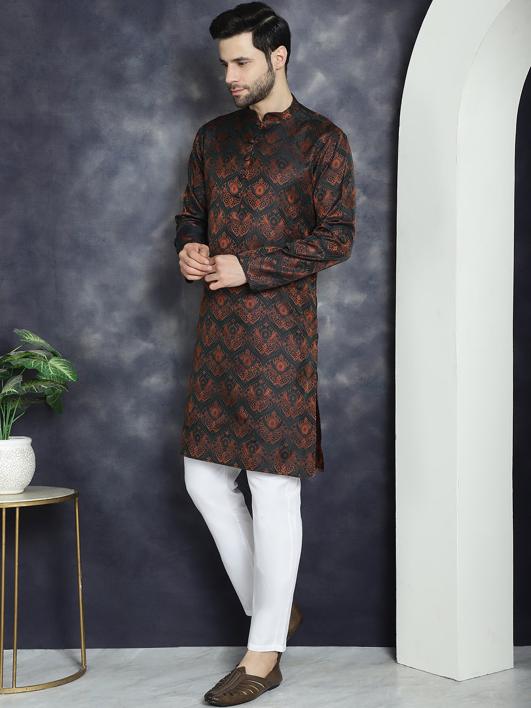 Jompers Men's Bronze Silk Blend Straight Kurta Pyjama Set