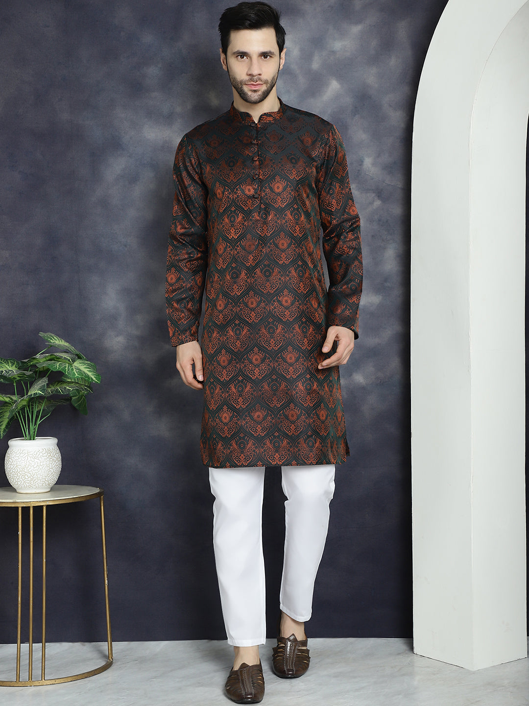 Jompers Men's Bronze Silk Blend Straight Kurta Pyjama Set