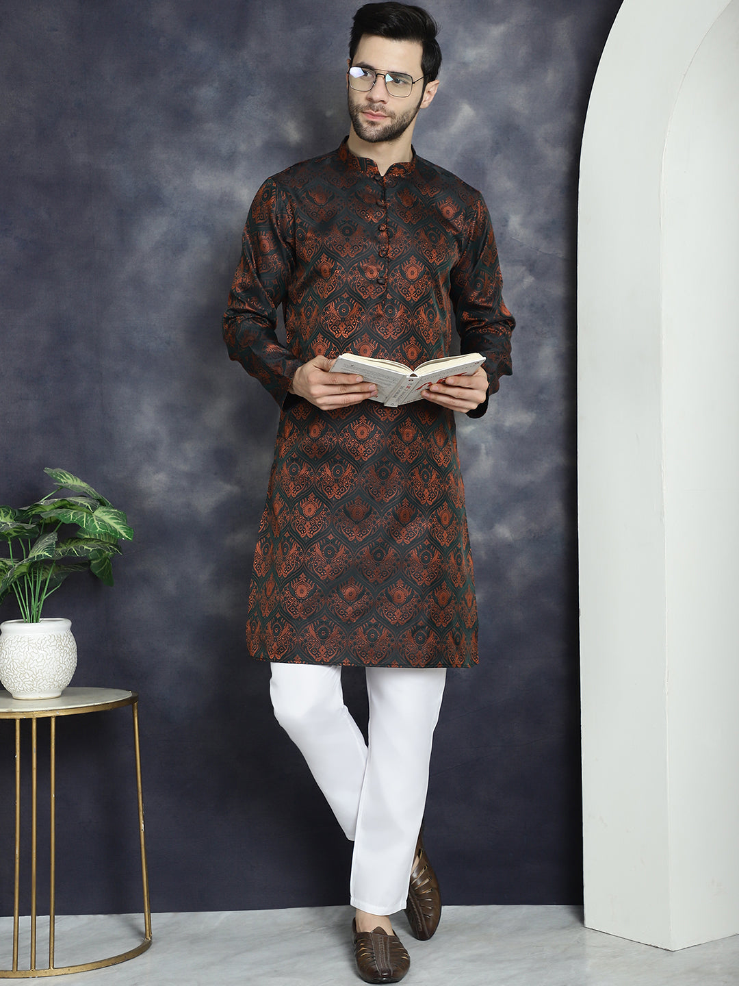 Jompers Men's Bronze Silk Blend Straight Kurta Pyjama Set