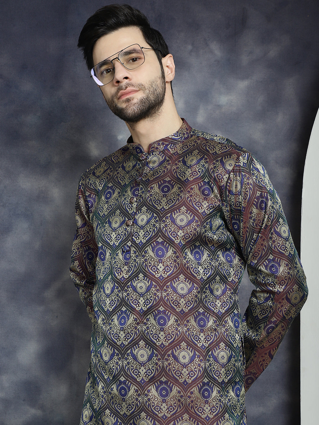 Jompers Men's Purple Silk Blend Straight Kurta Pyjama Set