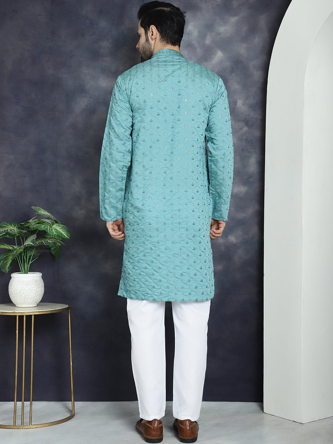 Jompers Men's Sequins Embroidered Kurta With Pyjama - Blue