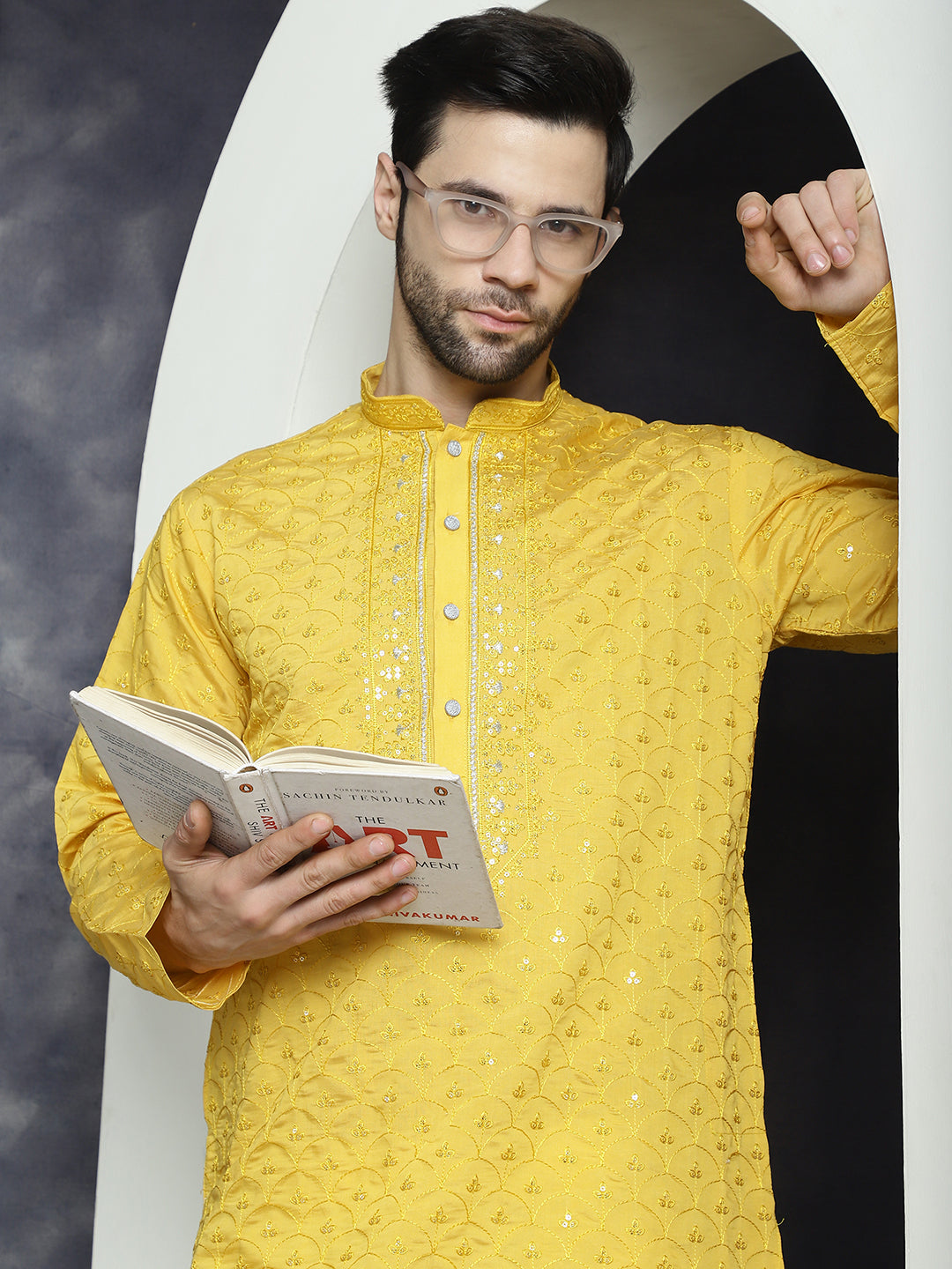 Jompers Men's Sequins Embroidered Kurta With Pyjama - Mustard