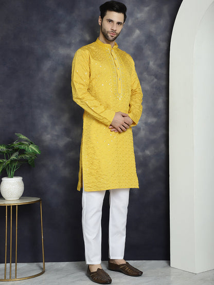 Jompers Men's Sequins Embroidered Kurta With Pyjama - Mustard