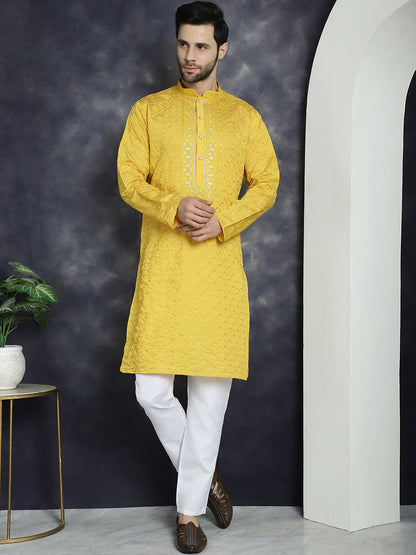 Jompers Men's Sequins Embroidered Kurta With Pyjama - Mustard