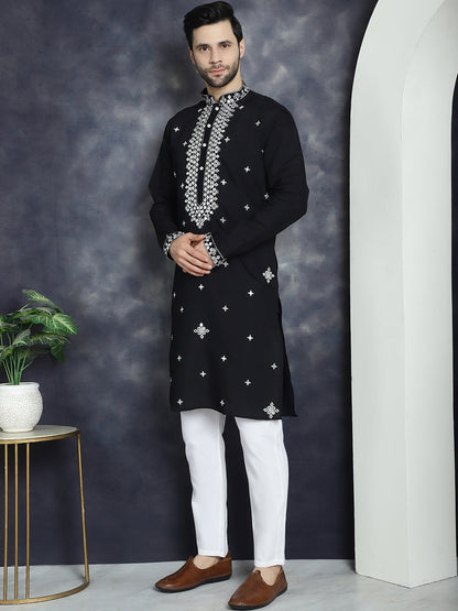 Jompers Men's Embroidered Kurta With Pyjama - Black