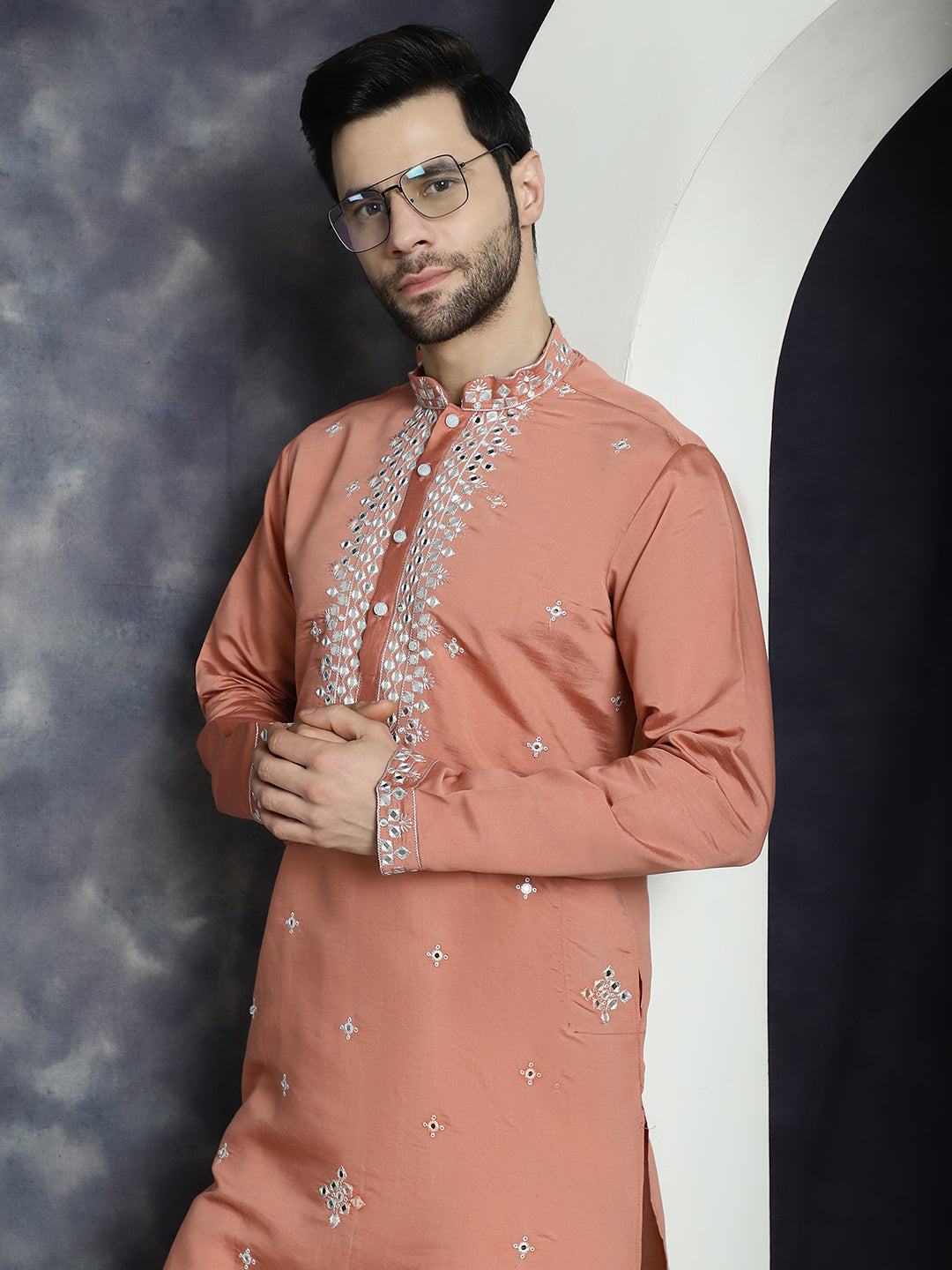 Jompers Men's Embroidered Kurta With Pyjama - Peach