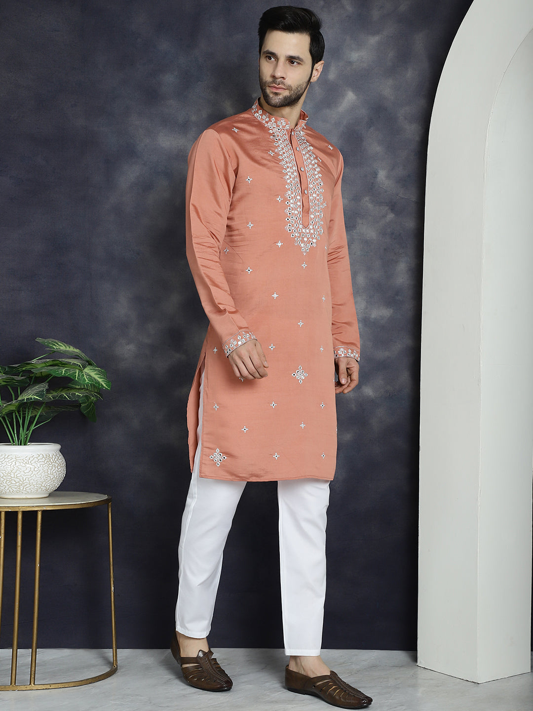 Jompers Men's Embroidered Kurta With Pyjama - Peach