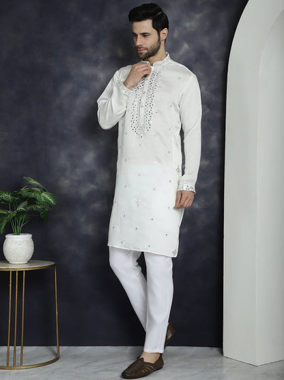 Jompers Men's Embroidered Kurta With Pyjama - White