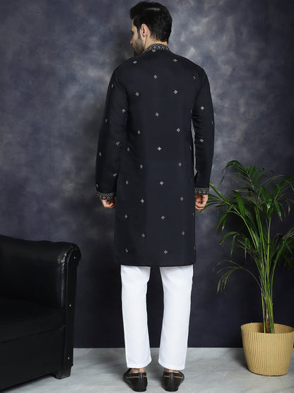 Jompers Men's Sequins Embroidered Kurta With Pyjama - Black