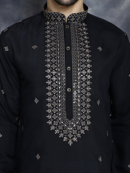 Jompers Men's Sequins Embroidered Kurta With Pyjama - Black