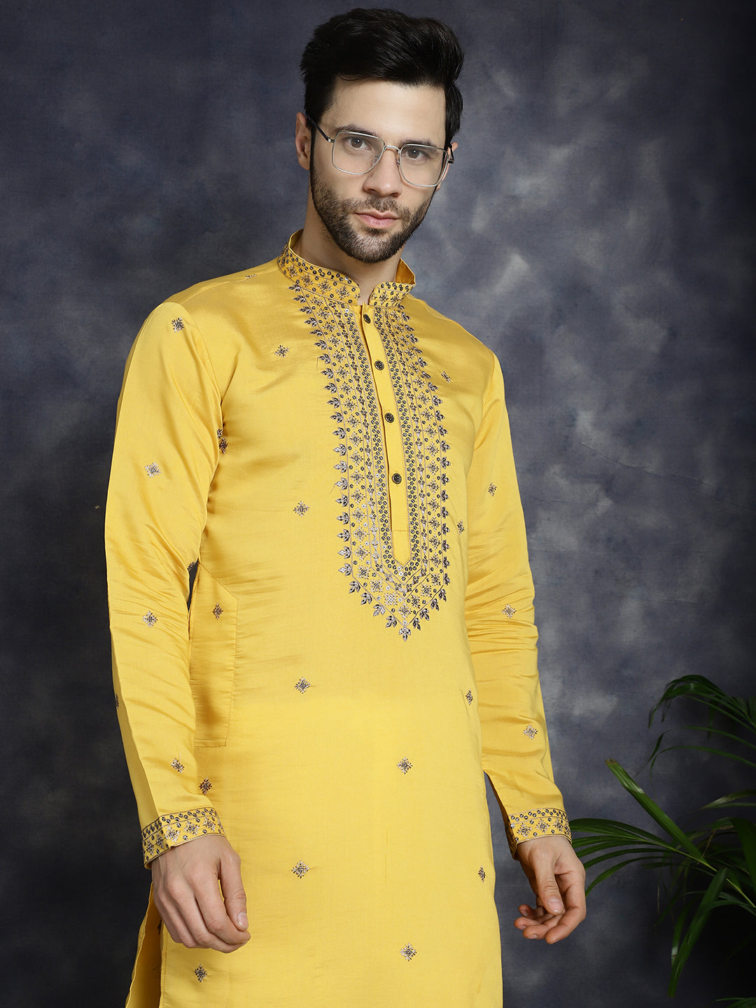 Jompers Men's Sequins Embroidered Kurta With Pyjama - Yellow