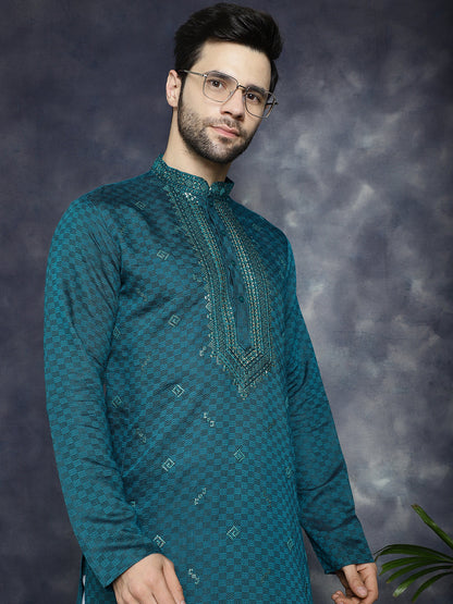 Jompers Men's Sequins Embroidered Kurta With Pyjama - Teal